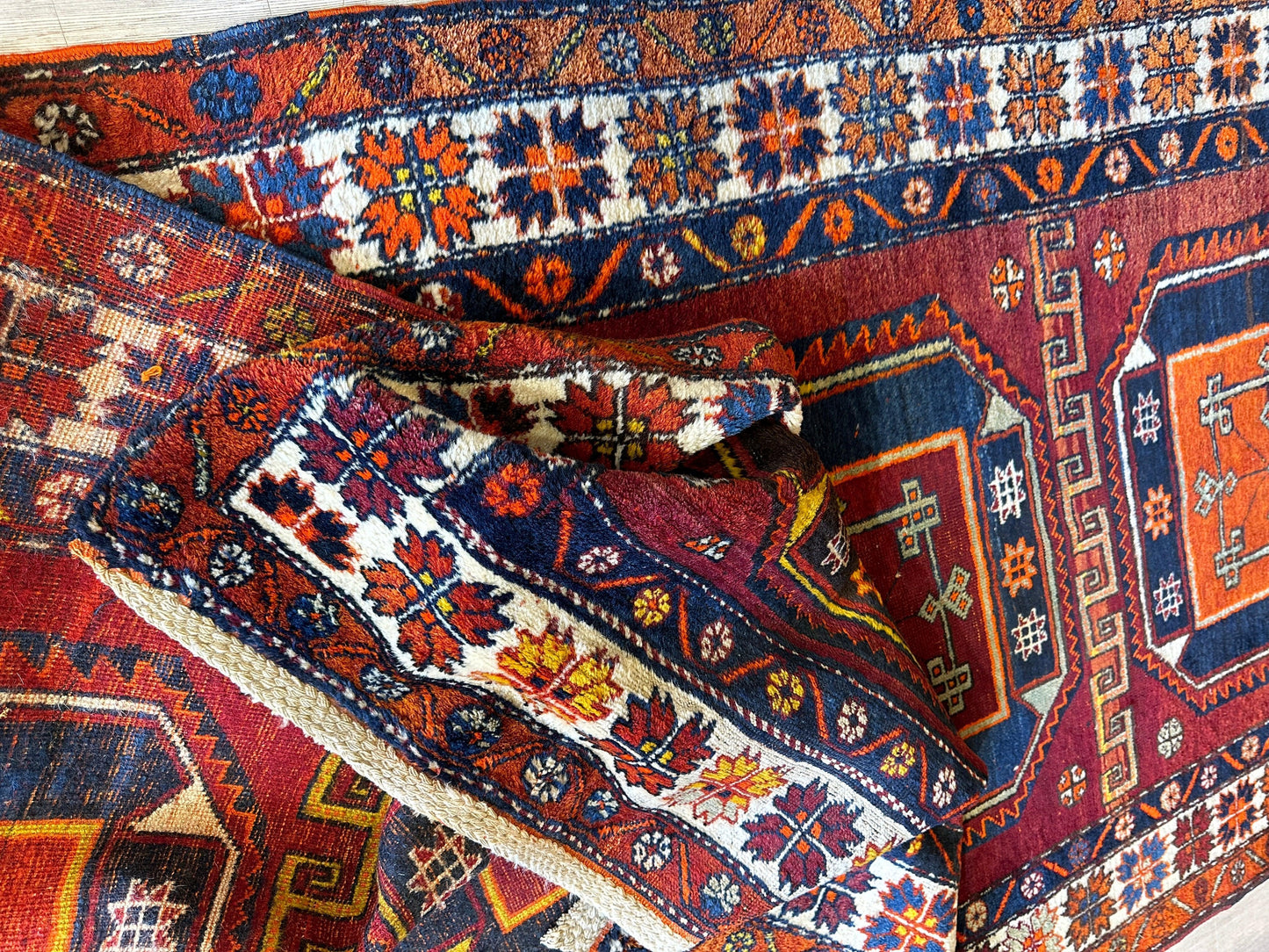 Antique circa 1920's Kurdish-Kazak Geometric Motifs Runner 3’8” x 12’3” - Tampa Home & Garden Store