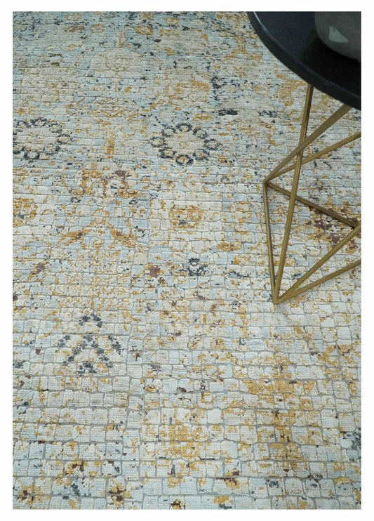 Antique aqua gold charcoal Oushak area rug 8x10, hand-knotted wool with vintage texture on Tampa Home & Garden Store