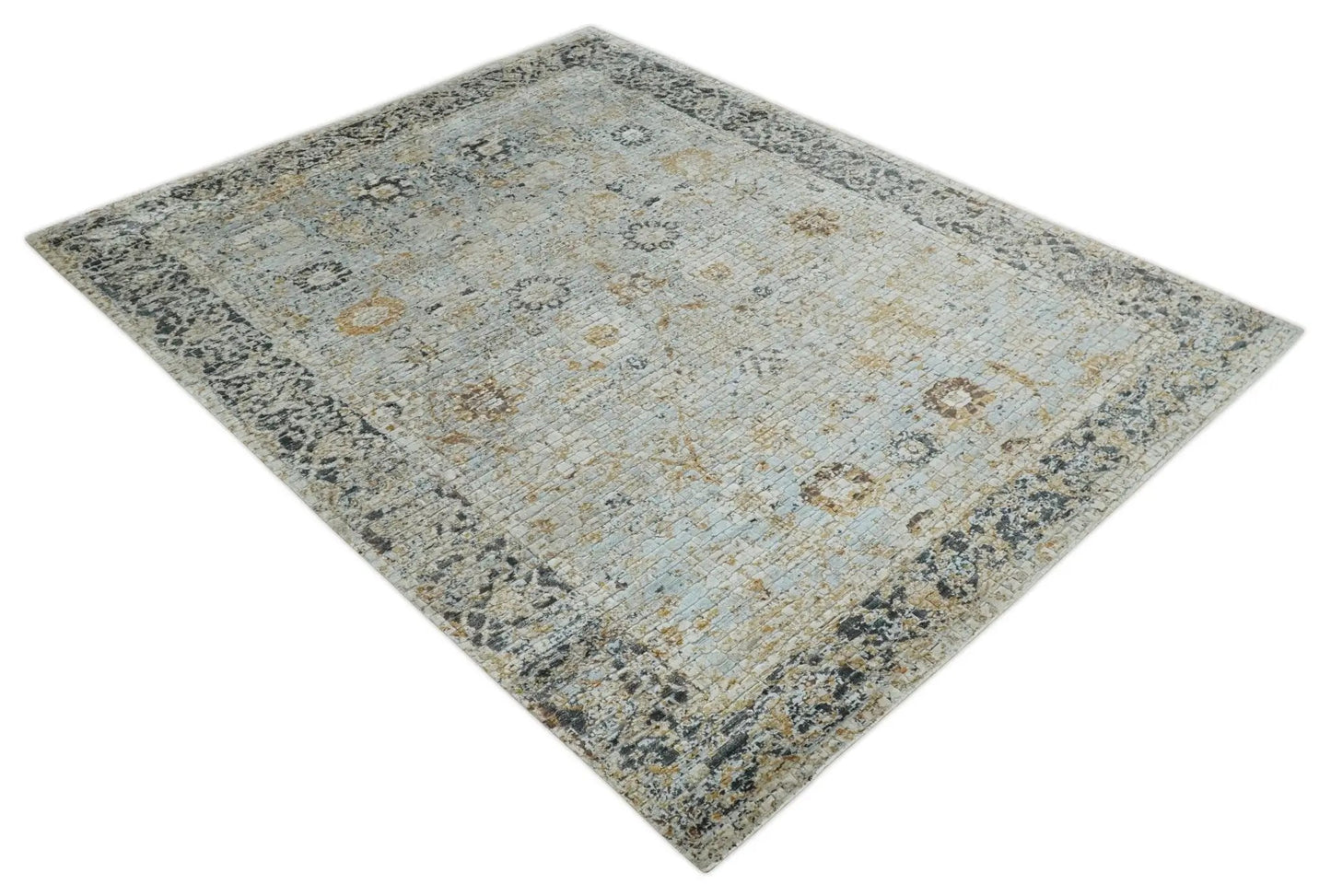 Area rug The Rug Decor Antique Aqua Gold Charcoal Oushak 8x10 hand-knotted wool on Tampa Home & Garden Store