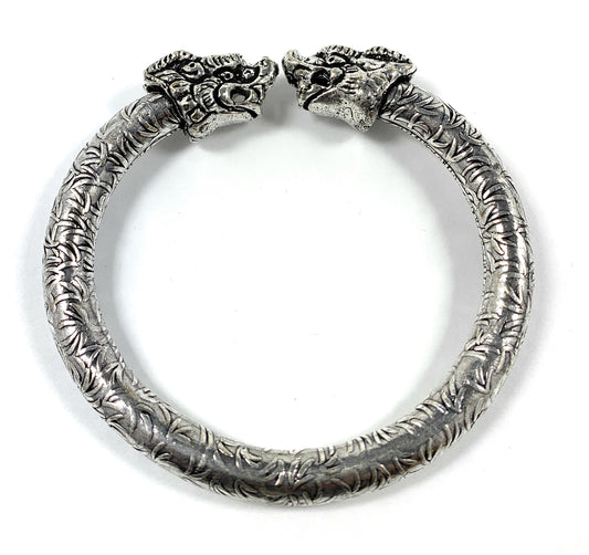 Vibhsa antique Norse bracelet in antique silver with twin lion head clasps and leaf pattern on Tampa Home & Garden Store