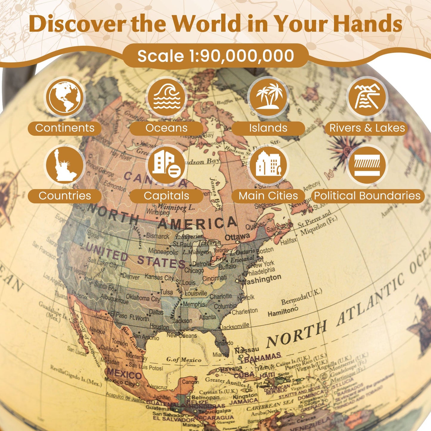 Antique 5.5 inch rotating globe on wooden base with sepia map and orange circular category icons on Tampa Home & Garden Store