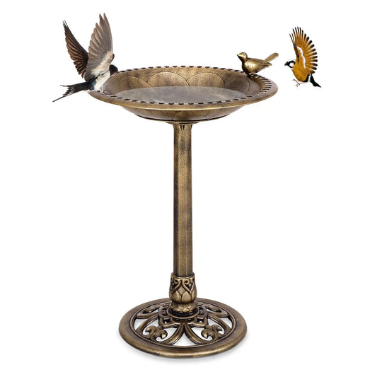 Antique gold freestanding bird bath feeder with ornate pedestal and two perched birds on rim on Tampa Home & Garden Store