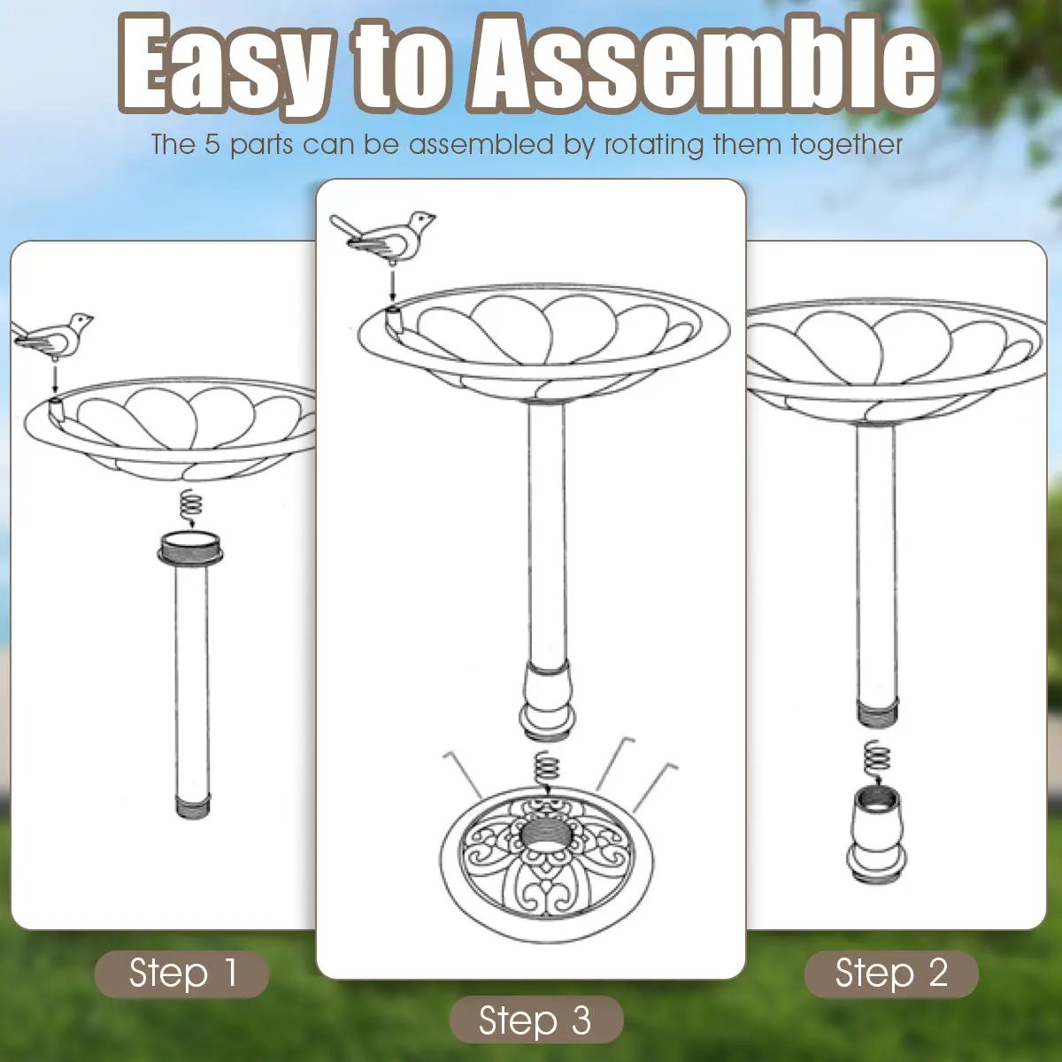 Antique gold freestanding bird bath feeder with pedestal bowl and step-by-step assembly on Tampa Home & Garden Store