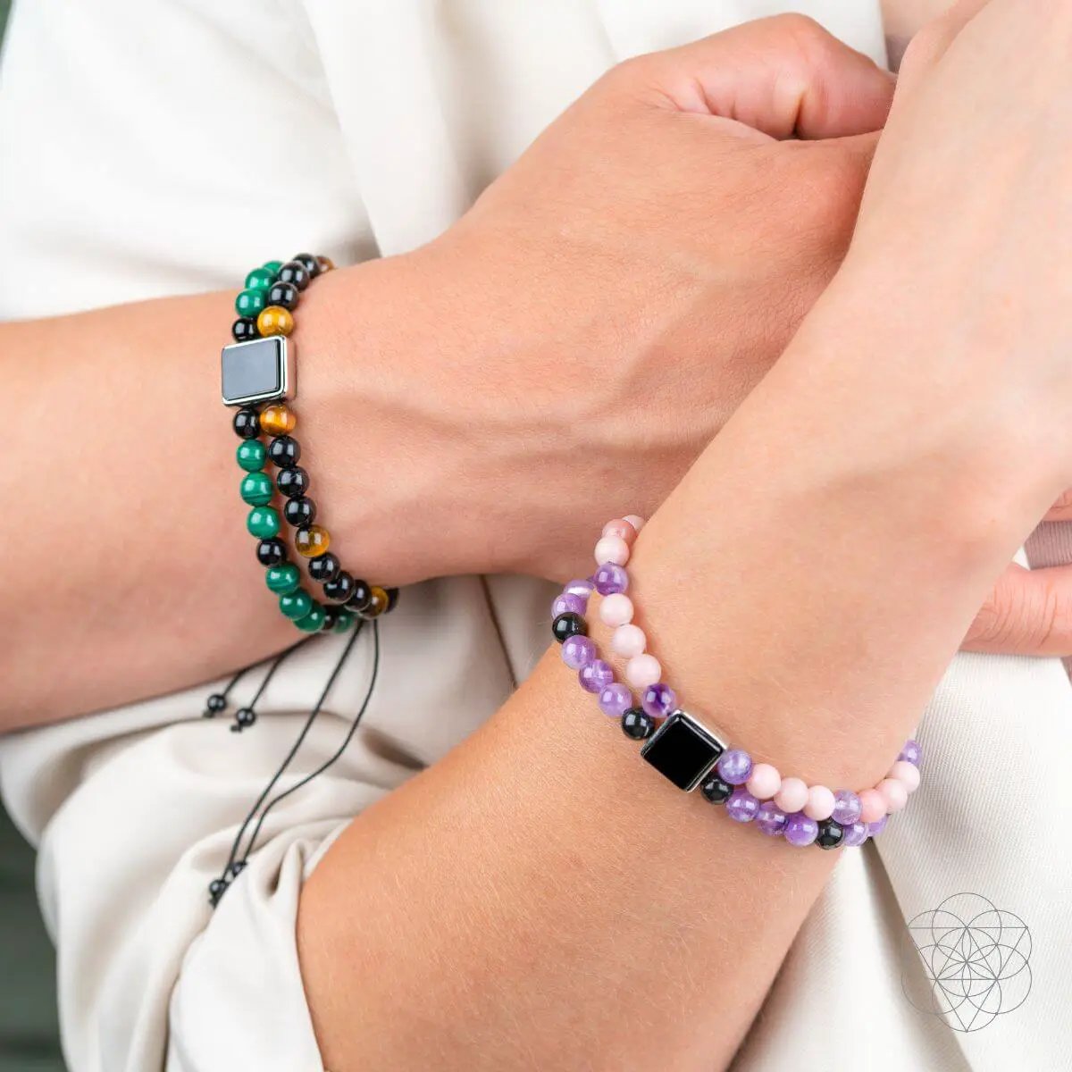Bracelet set Apollo's Shield of Power with Crystals, green/black and purple/pink beads, clasps on Tampa Home & Garden Store