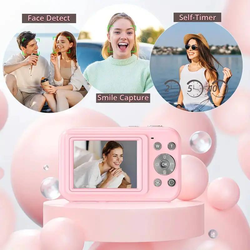 Vintage pink Moktan Sabai Retrosnap compact camera with LCD and round dial on Tampa Home & Garden Store