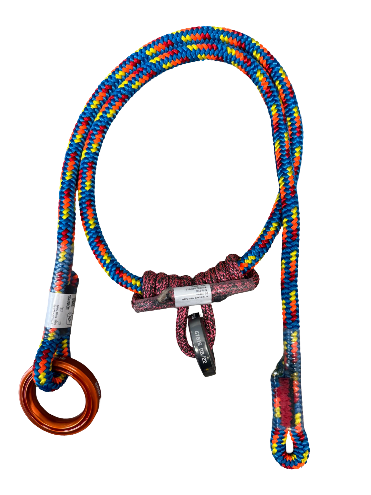 Arbo Space Friction Saver with aluminum rings on bright blue and orange braided climbing rope on Tampa Home & Garden Store