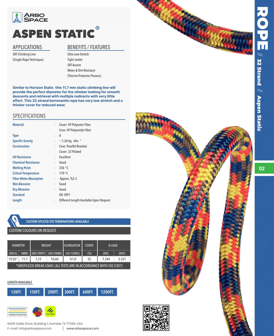Arbo Space Aspen Static 11.7mm climbing rope multicolor braided 32-strand static rope on Tampa Home & Garden Store