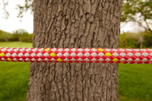 Arbo Space Plaid Bull Rope 3/4 in climbing rope, red and white plaid with yellow accents on Tampa Home & Garden Store
