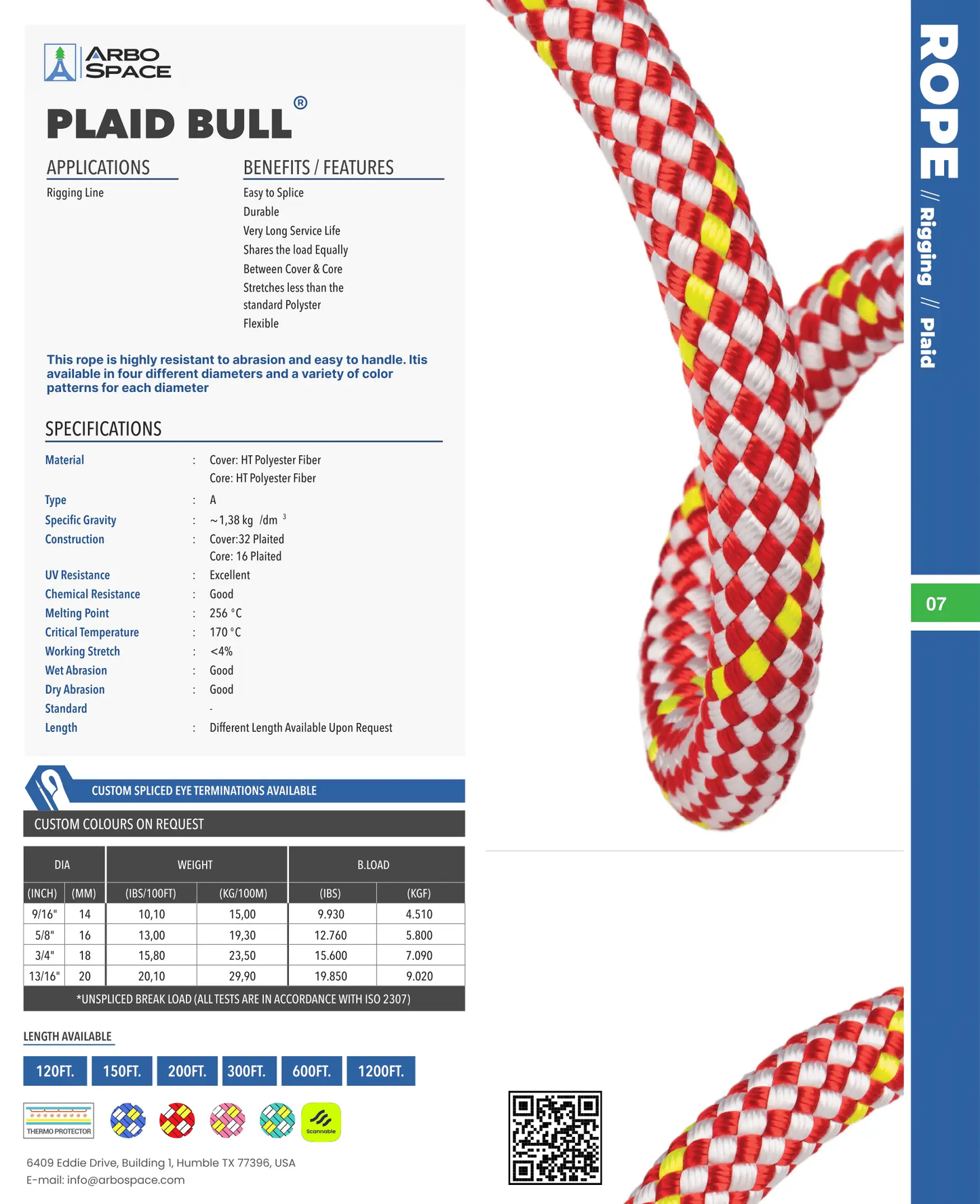 Arbo Space Plaid Bull Rope 9/16 in climbing rope, red and white plaid with yellow accents, on Tampa Home & Garden Store