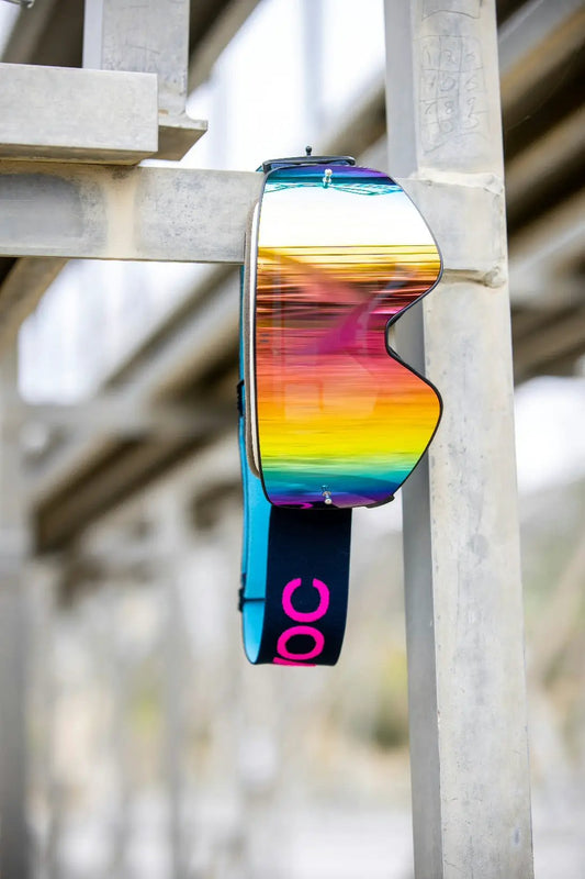 Havoc Infinity Goggle rainbow mirrored lens, blue strap, pink branding on Tampa Home & Garden Store on Tampa Home & Garden Store