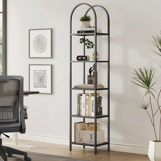 Arched Top Black Metal Display Rack Narrow Bookcase with 5 Glass Storage Shelves - Tampa Home & Garden Store