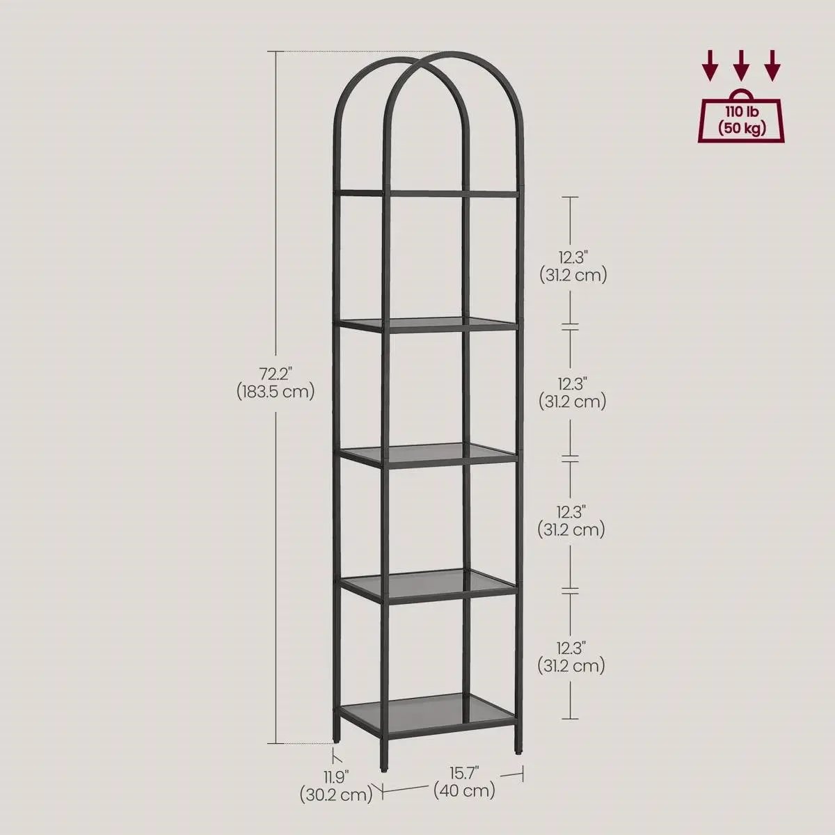 Arched top black metal bookcase with 5 glass shelves, 72in tall, 110 lb capacity, HomePacific on Tampa Home & Garden Store