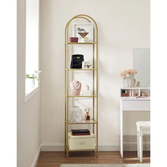 Arched Top Gold Metal Display Rack Narrow Bookcase with 5 Glass Storage Shelves - Tampa Home & Garden Store