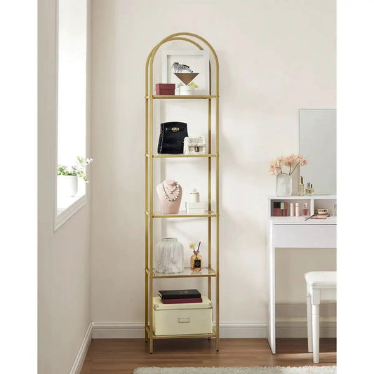 Arched gold metal display rack narrow bookcase with five glass shelves for living room storage on Tampa Home & Garden Store