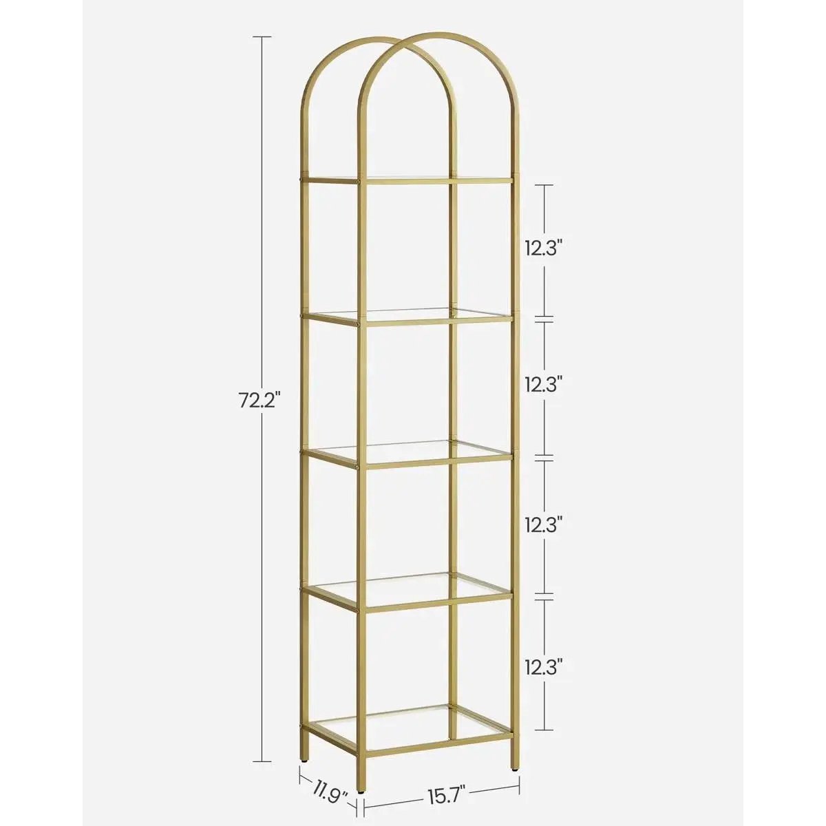 Arched Gold Metal Display Rack with Glass Shelves, 5-Tier Narrow Bookcase by HomePacific on Tampa Home & Garden Store