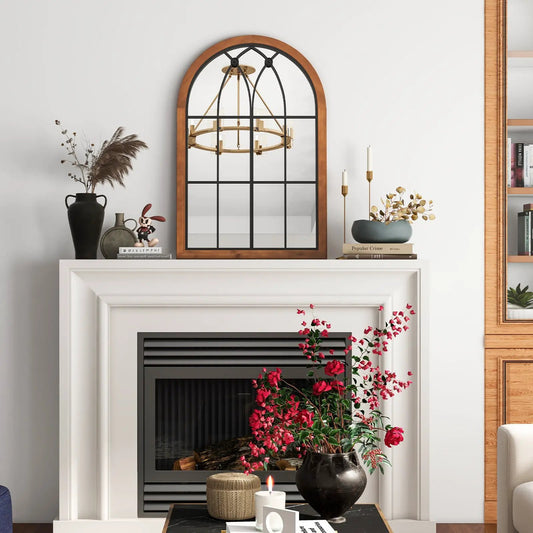 Arched Window Mirror With Back Board Natural by DirectDeals with wood frame and black grid on Tampa Home & Garden Store