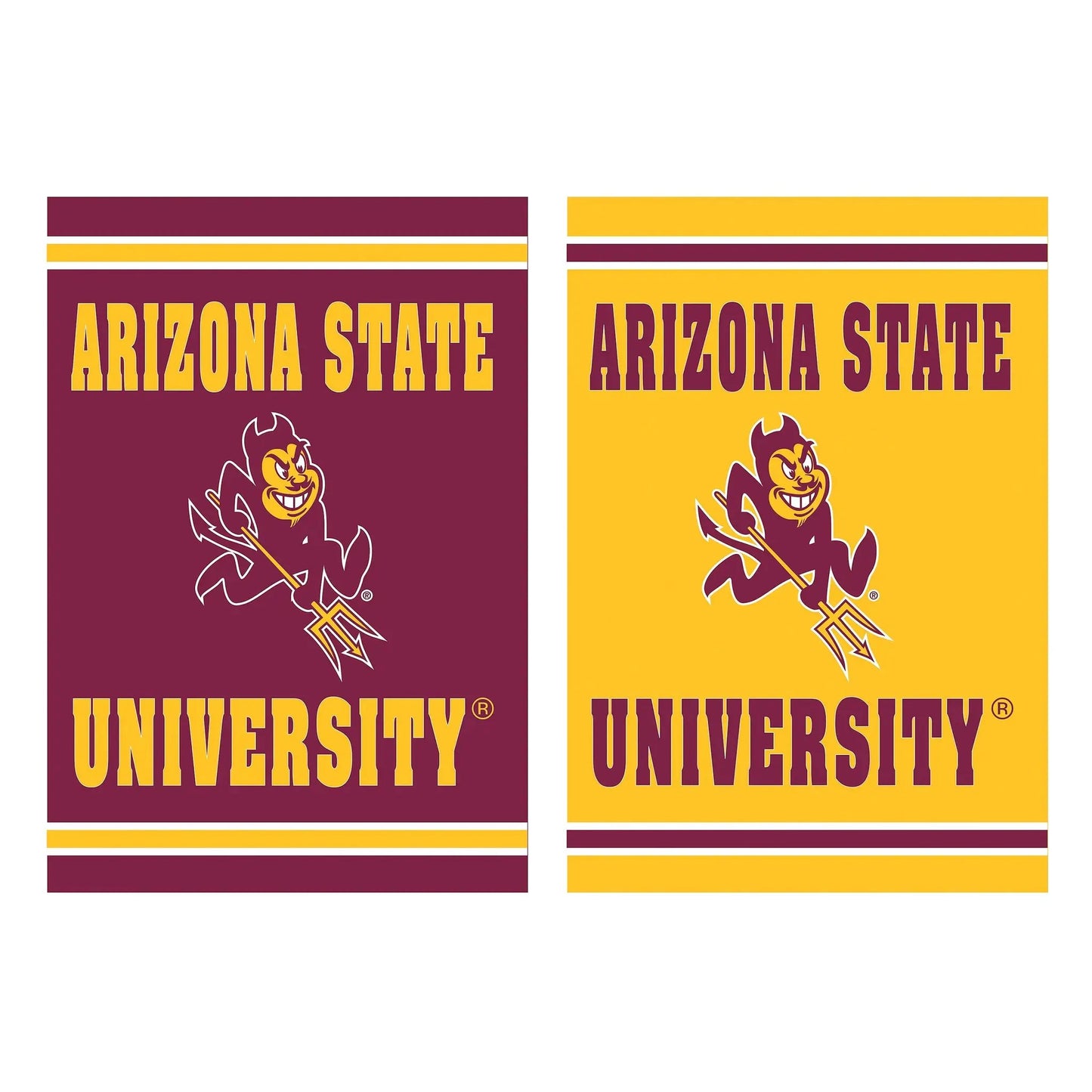 Arizona State suede flags pair, double-sided maroon and gold with sun devil mascot on Tampa Home & Garden Store