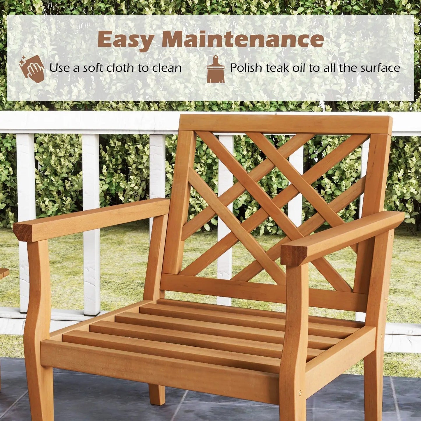 Teak wood slatted patio chair with lattice back and cozy armrests in natural finish on Tampa Home & Garden Store