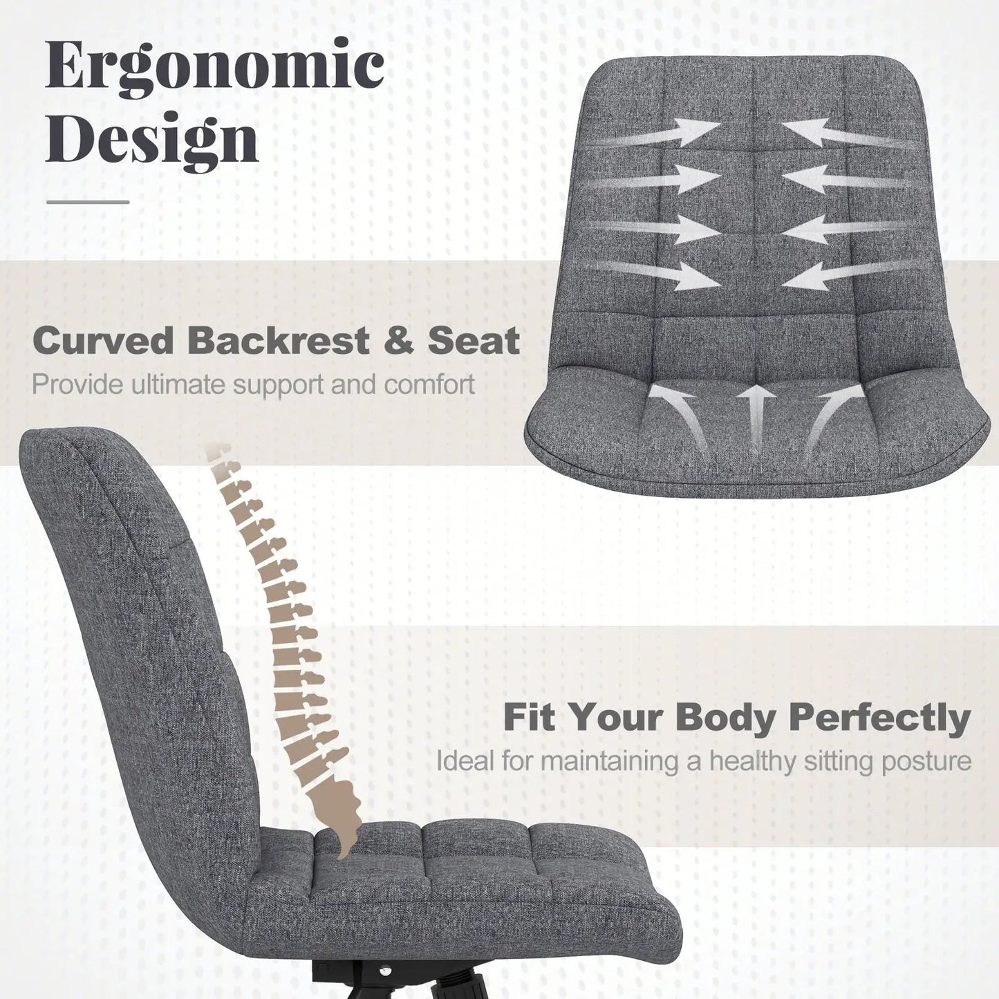 Armless Office Chair Upholstered Makeup Vanity Chair with Adjustable Height and Wheels-Grey - Tampa Home & Garden Store