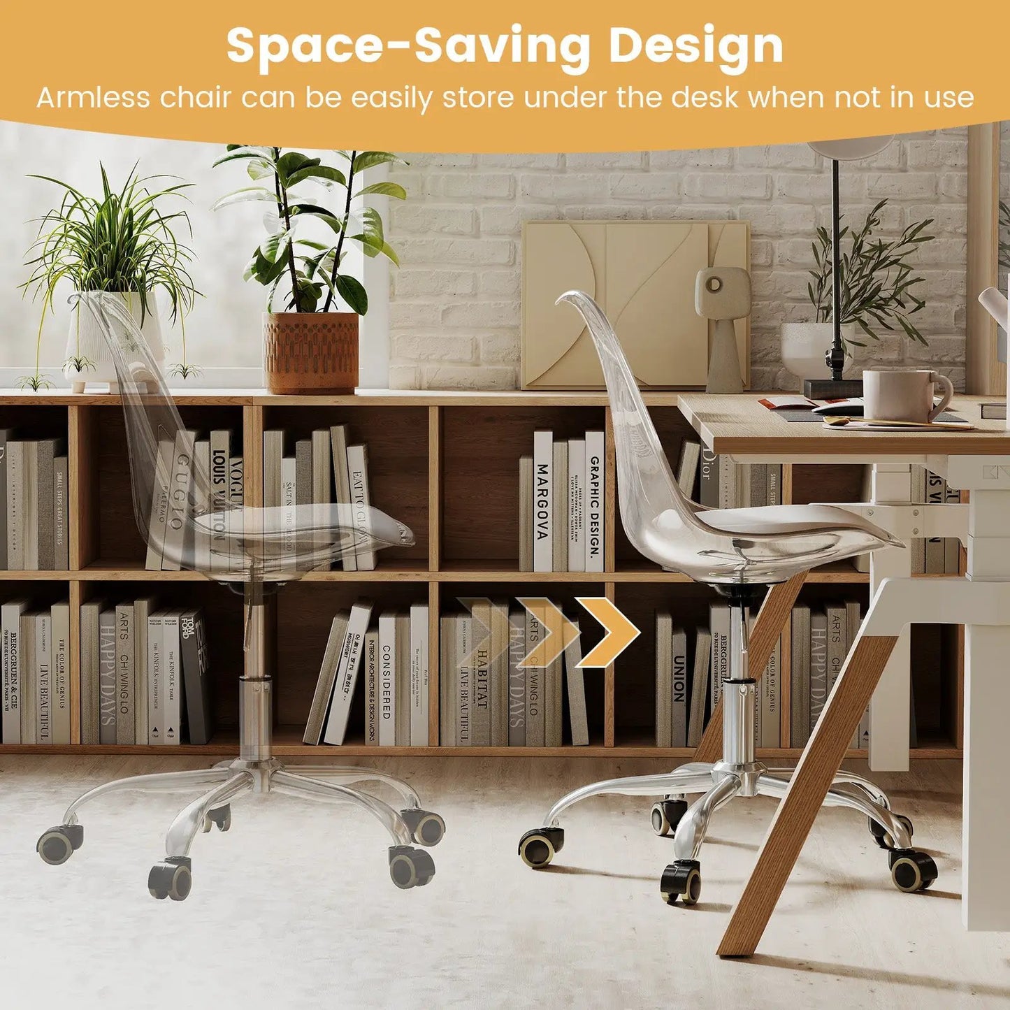 Armless rolling office chair clear acrylic seats with swivel bases, set of 2 on Tampa Home & Garden Store