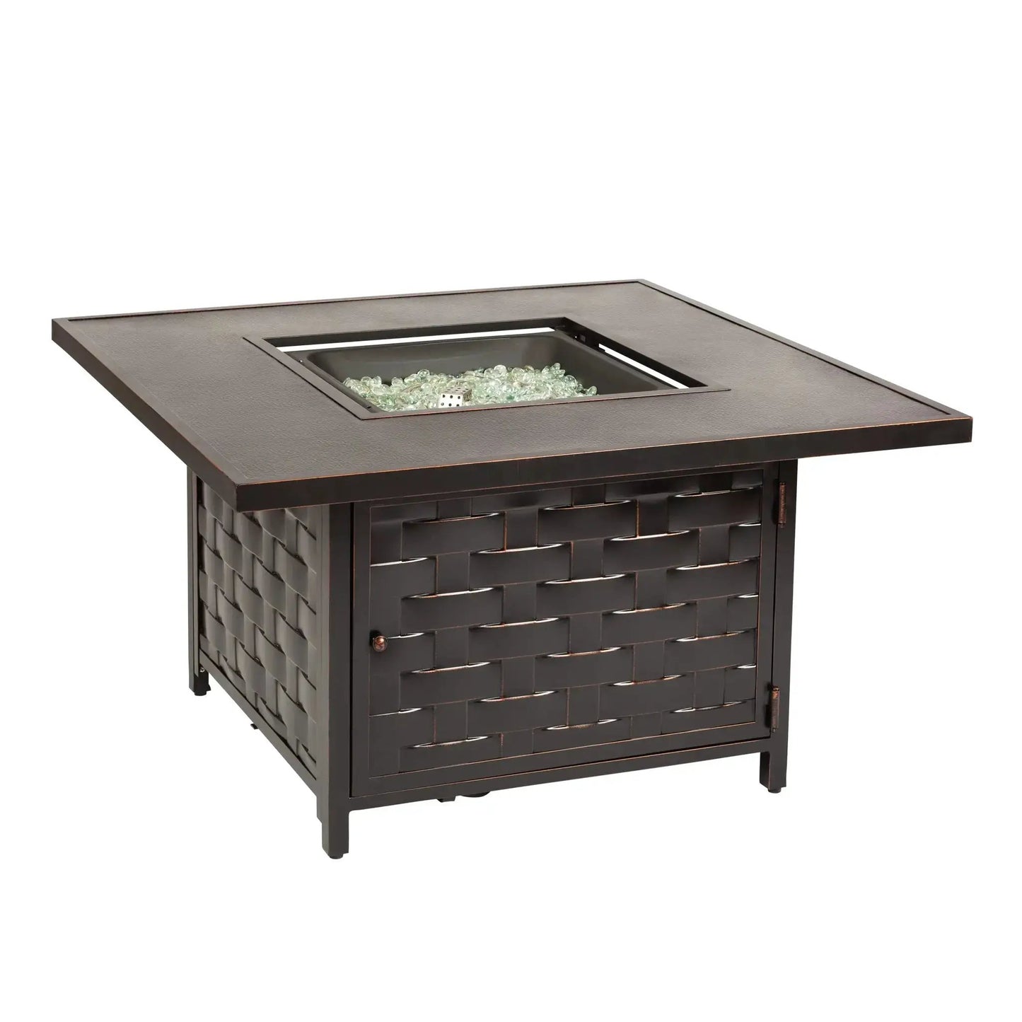 Armstrong 42 Inch Basketweave aluminum fire pit table with glass beads on Tampa Home & Garden Store