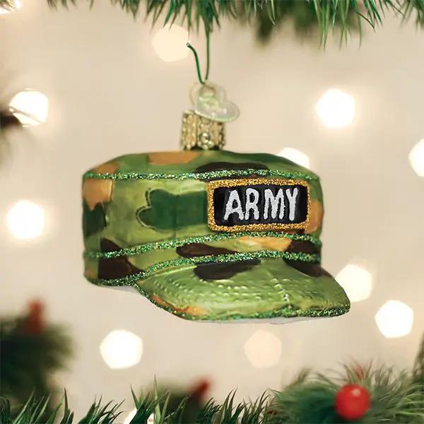 Vintage Army Cap Glass Ornament in camouflage with glitter trim and a black ARMY patch on Tampa Home & Garden Store