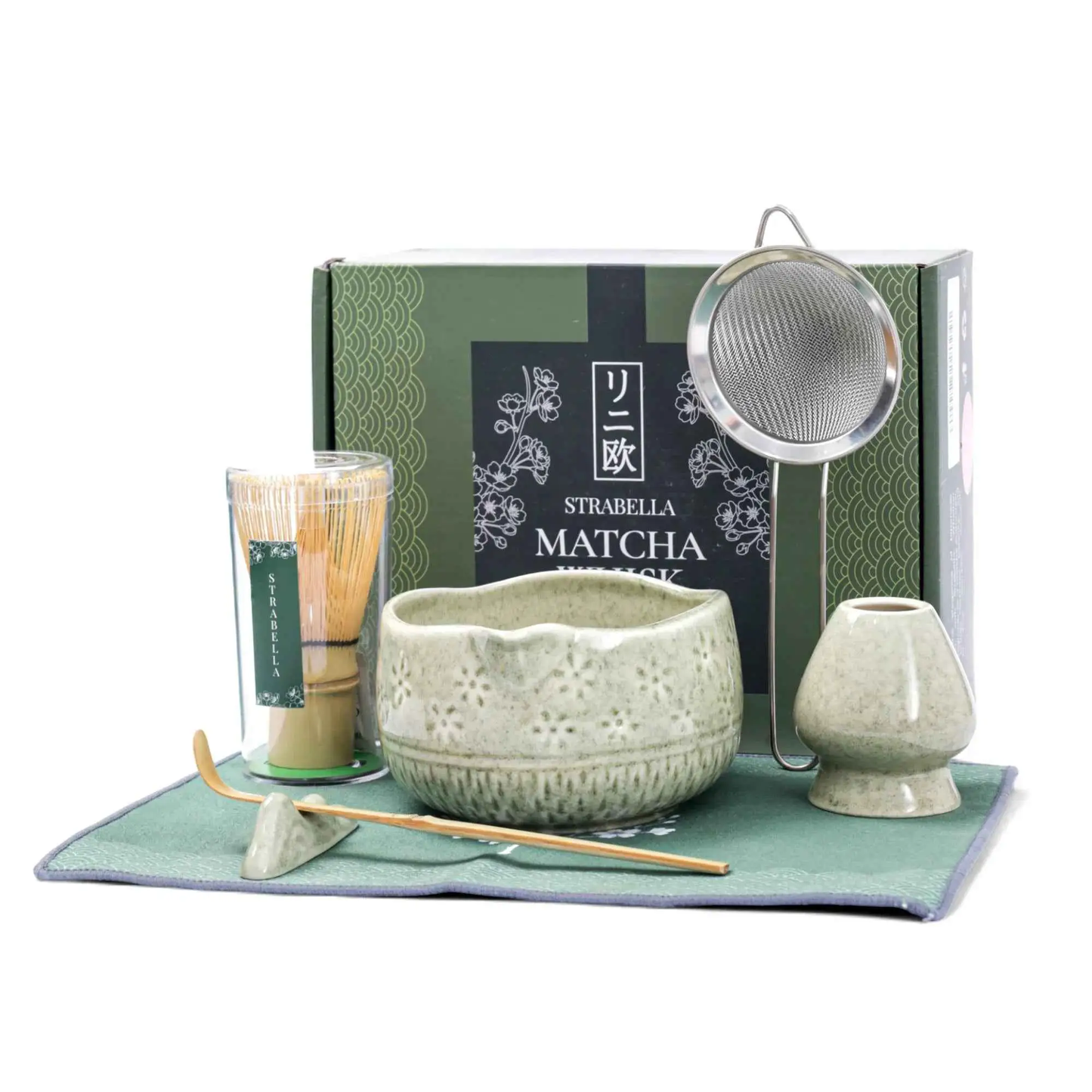 Strabella Matcha whisk set with bamboo chasen and ceramic bowls beside green packaging on Tampa Home & Garden Store