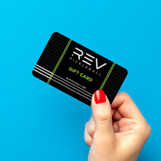 REV Pickleball Gift Card digital in black with lime green accents held in hand on blue background on Tampa Home & Garden Store