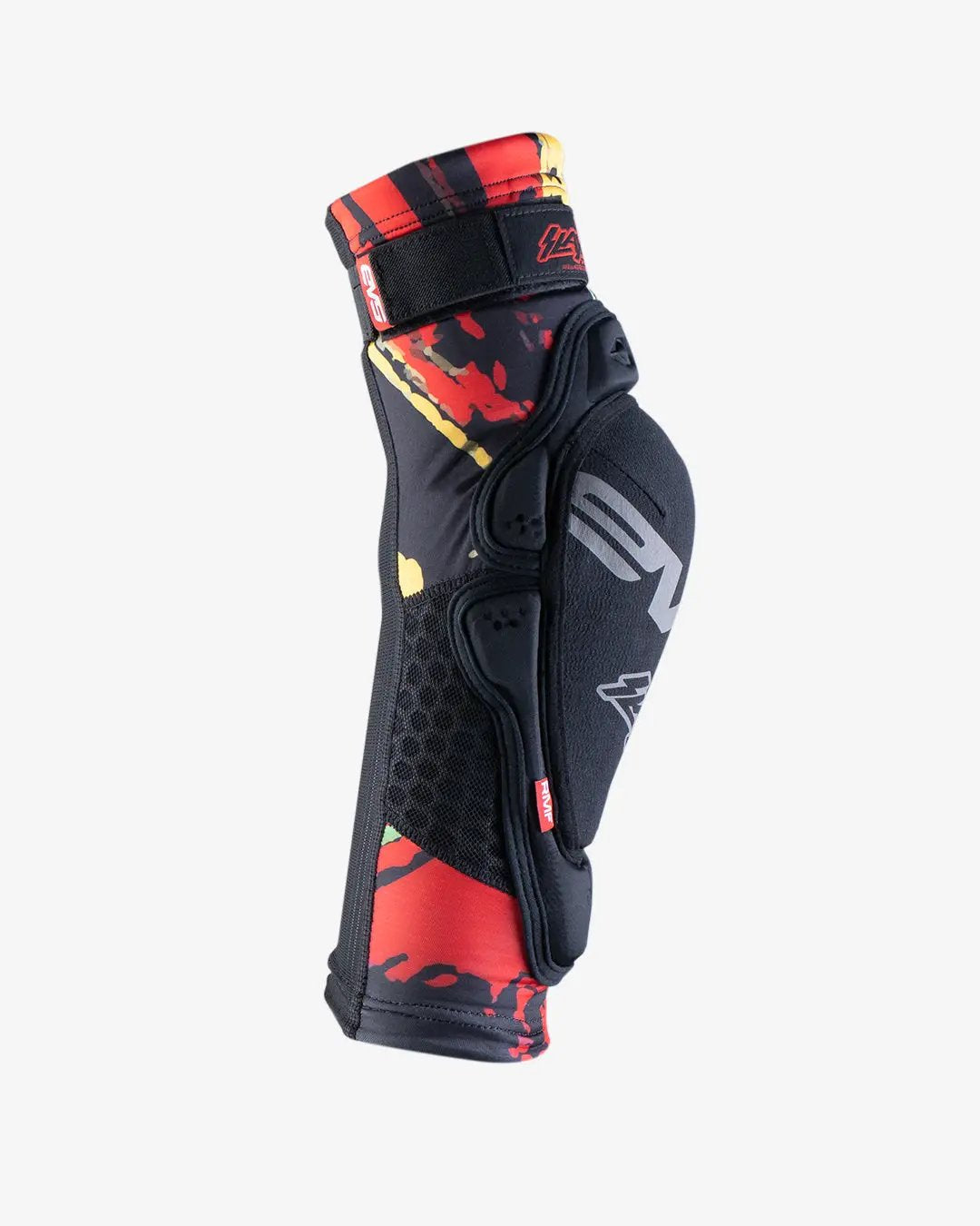 Youth Slayco96 Explosion knee guard EVS Sports; black with red-yellow graphic, strap on Tampa Home & Garden Store