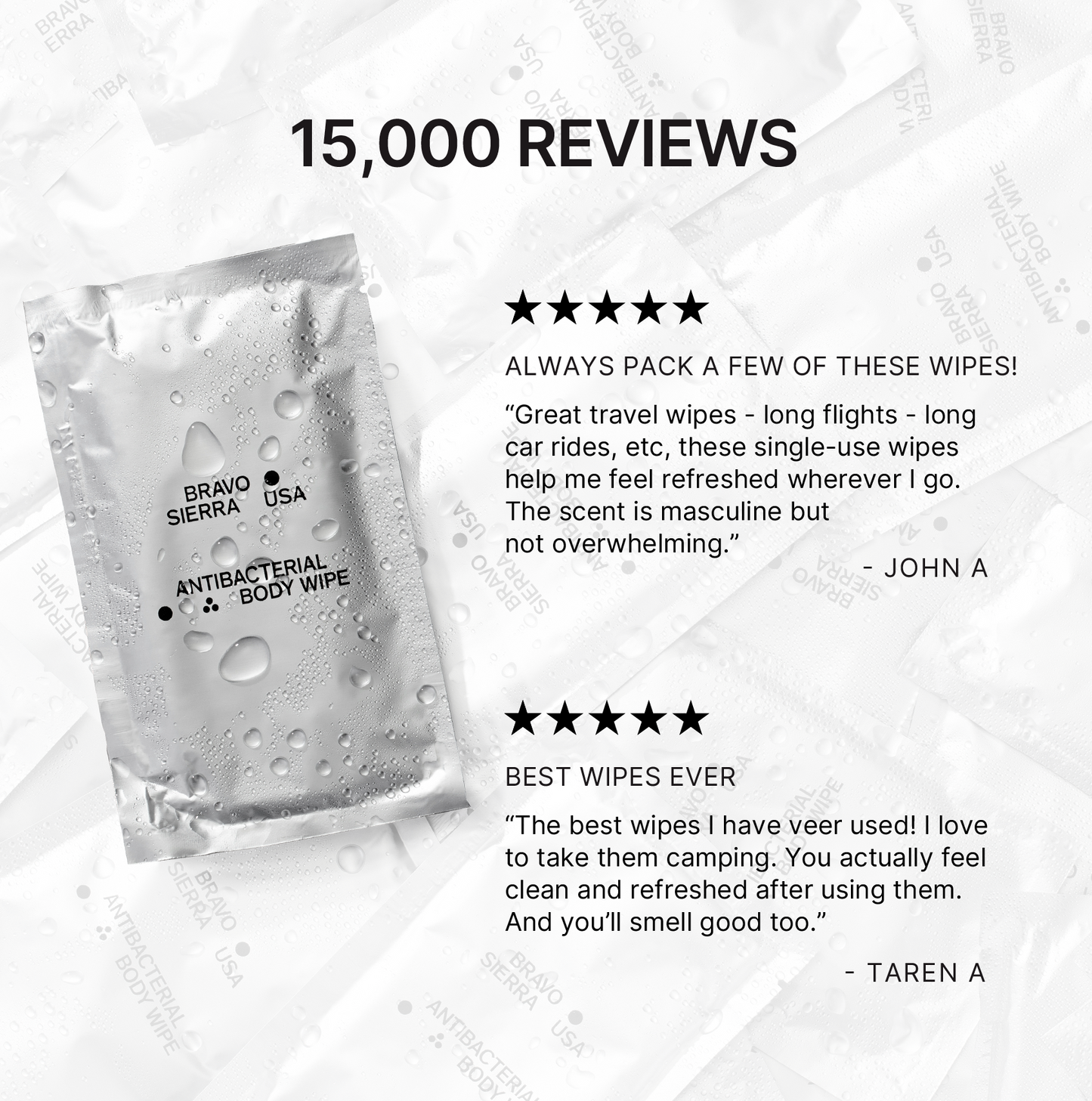 Bravo Sierra Antibacterial Body Wipes packaging, baby wipes in a silver pouch with water droplets on Tampa Home & Garden Store