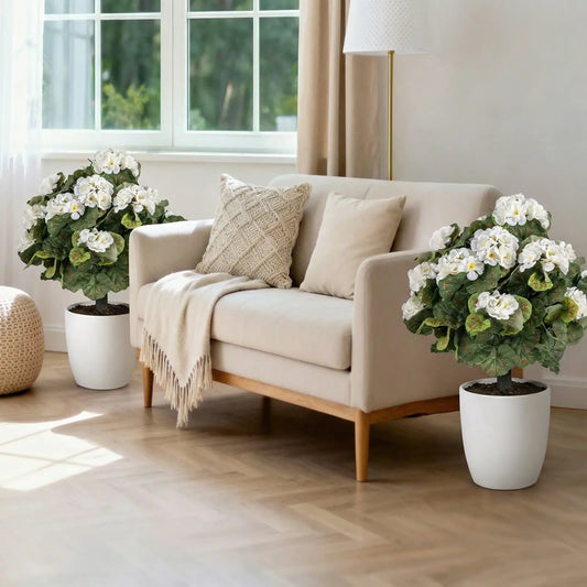 Artificial Begonia Ball Trees set of 2, 13 in, white flowers in white pots for living decor on Tampa Home & Garden Store