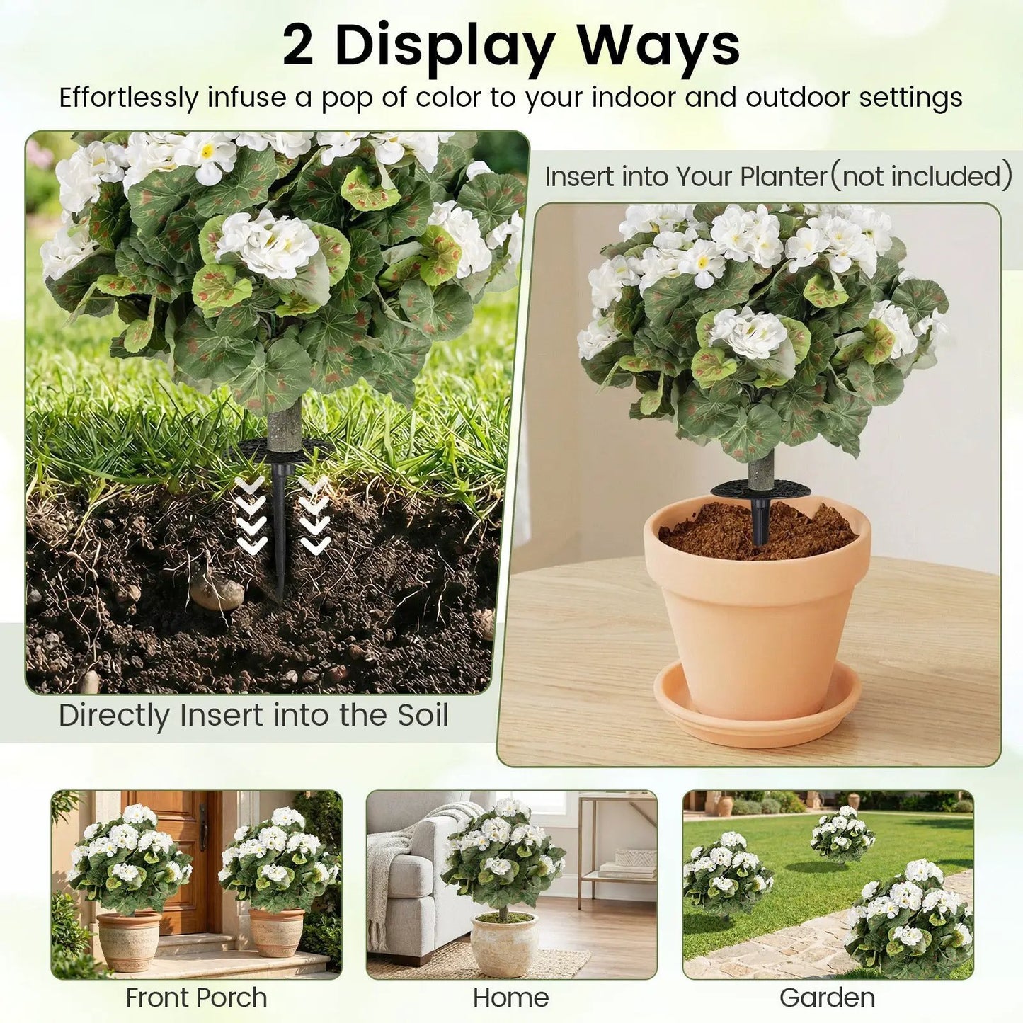 Artificial Begonia Ball Trees set of 2, white blooms with green leaves, 13 inch DirectDeals on Tampa Home & Garden Store