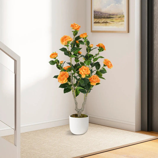 36-inch artificial camellia tree with orange blooms in a white pot indoors on Tampa Home & Garden Store