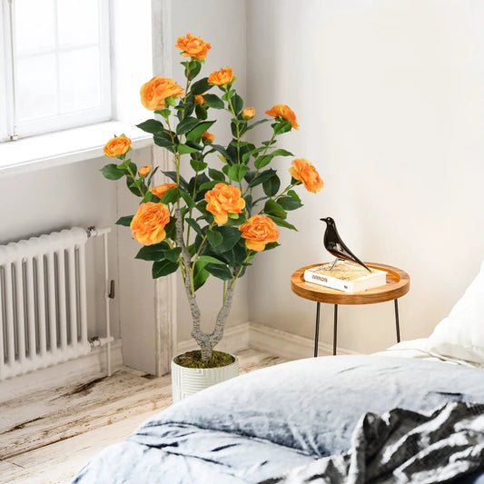 36 Inch Camellia Tree Artificial 2 Pack with orange blooms in white planter DirectDeals on Tampa Home & Garden Store