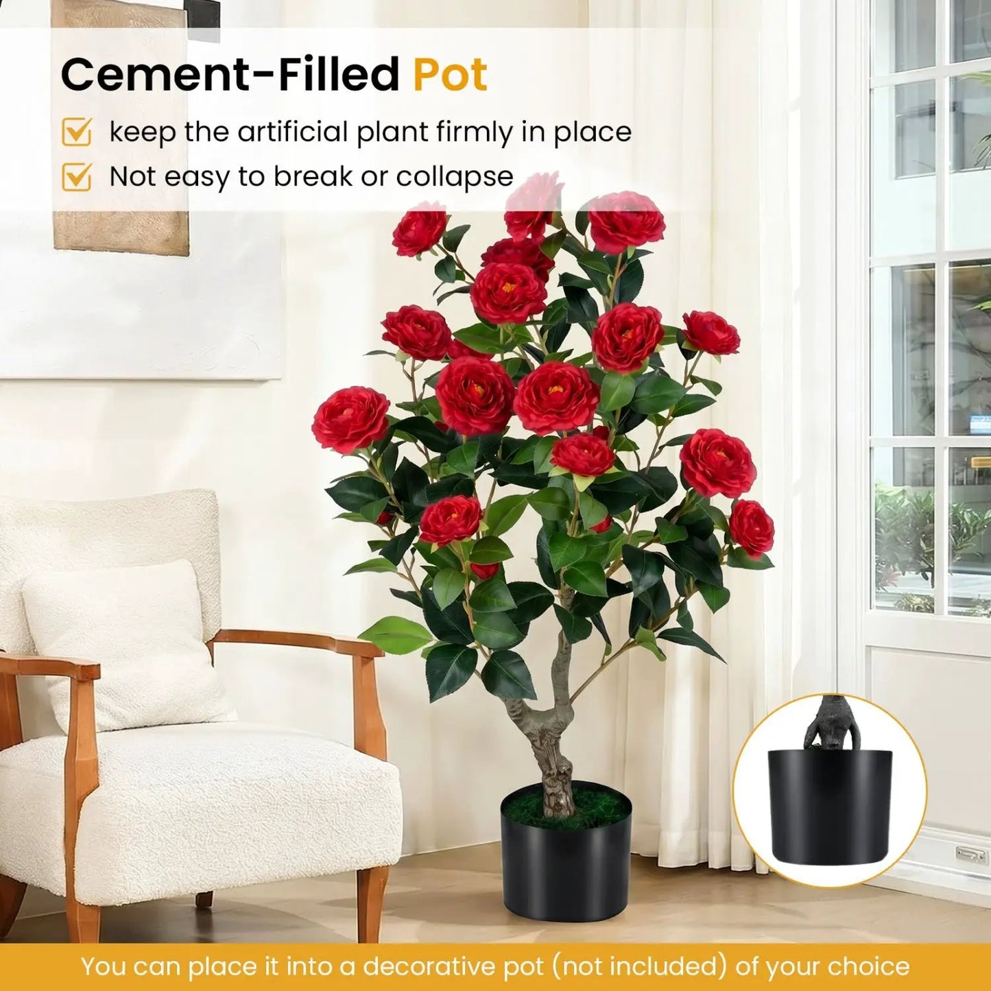 Artificial Camellia Tree in Cement Pot 35.5 Inches