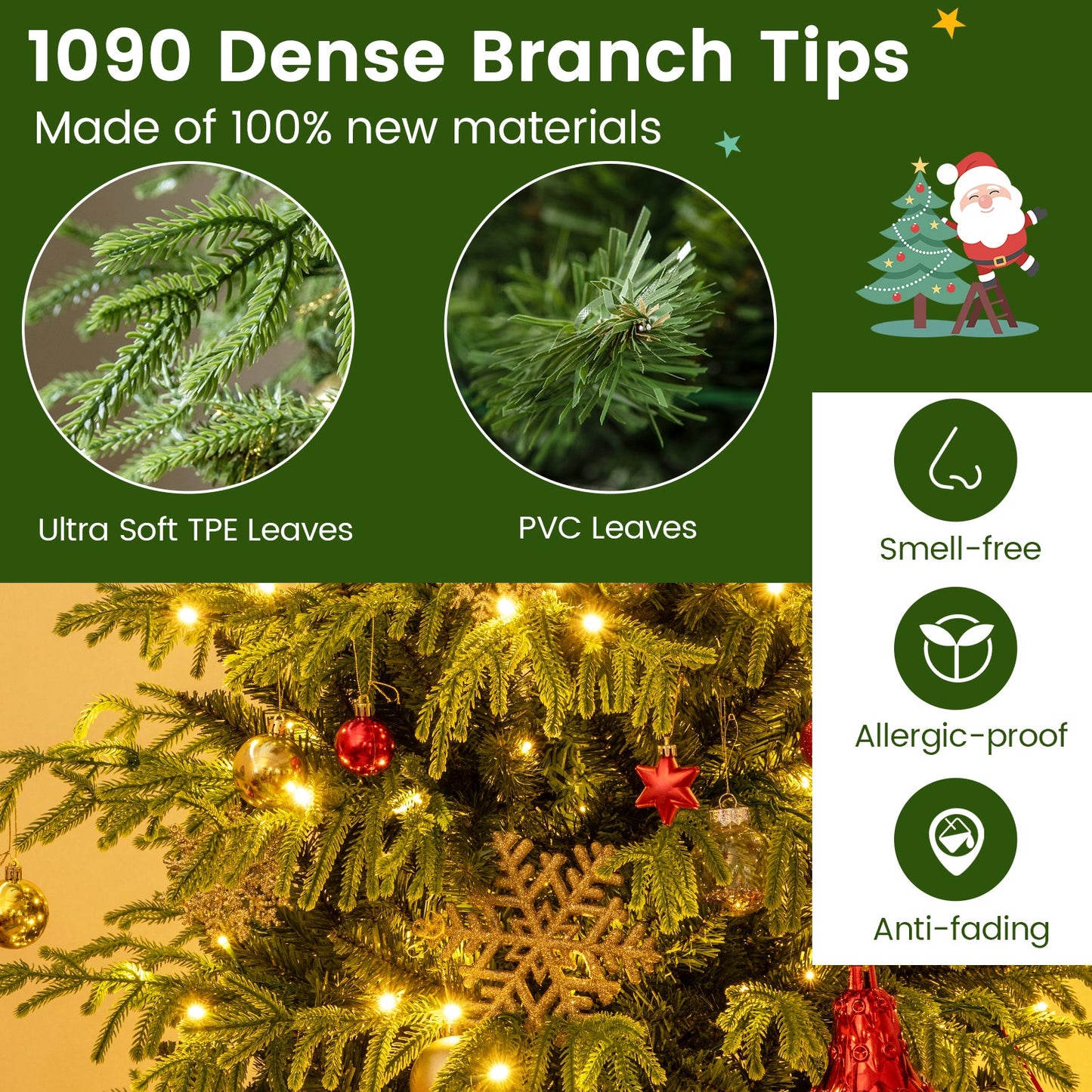 Christmas Tree with LED lights and PVC tips, two closeups ultra soft TPE leaves and PVC leaves on Tampa Home & Garden Store