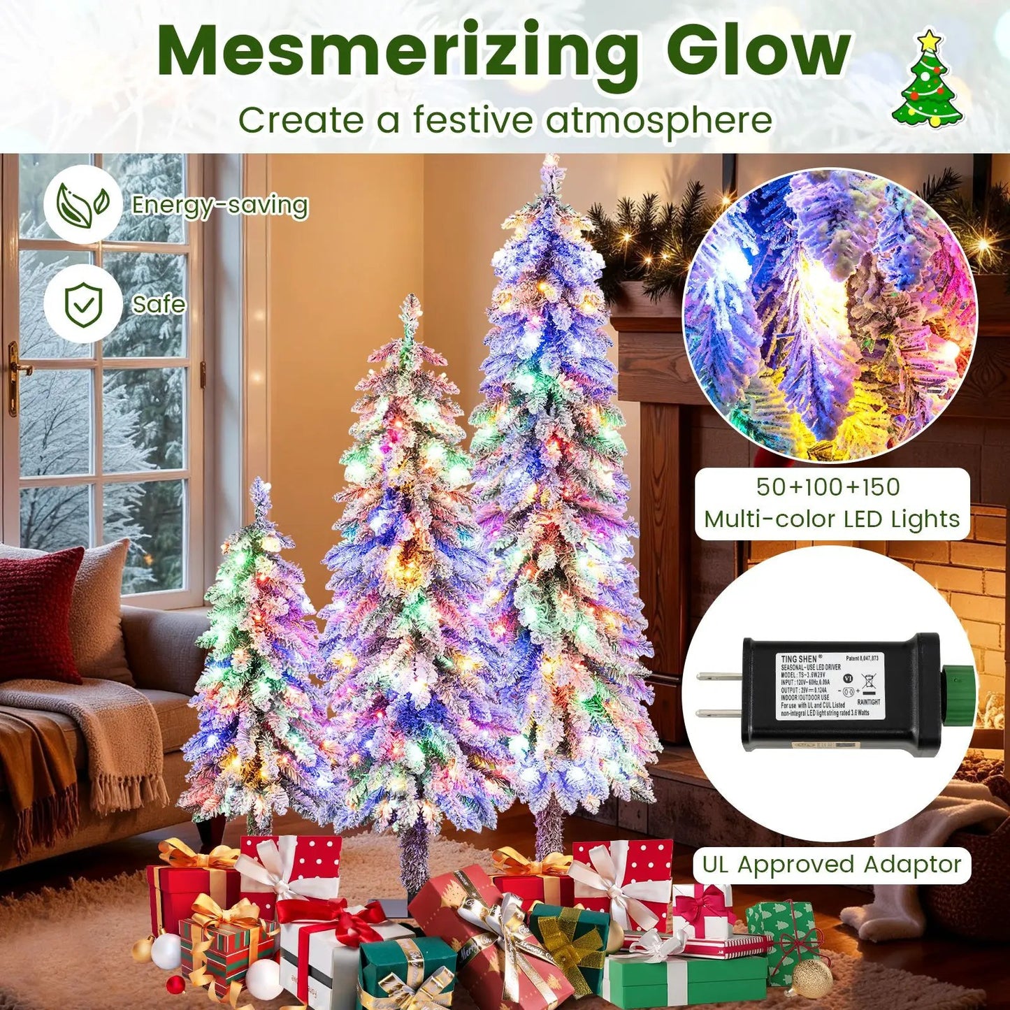 Artificial Christmas Tree Set of 3 with Snow Tips by DirectDeals, flocked with LED lights on Tampa Home & Garden Store