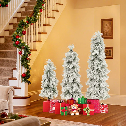 Artificial Christmas Tree Set of 3 with LED lights, frosted snow-flocked branches and gifts on Tampa Home & Garden Store