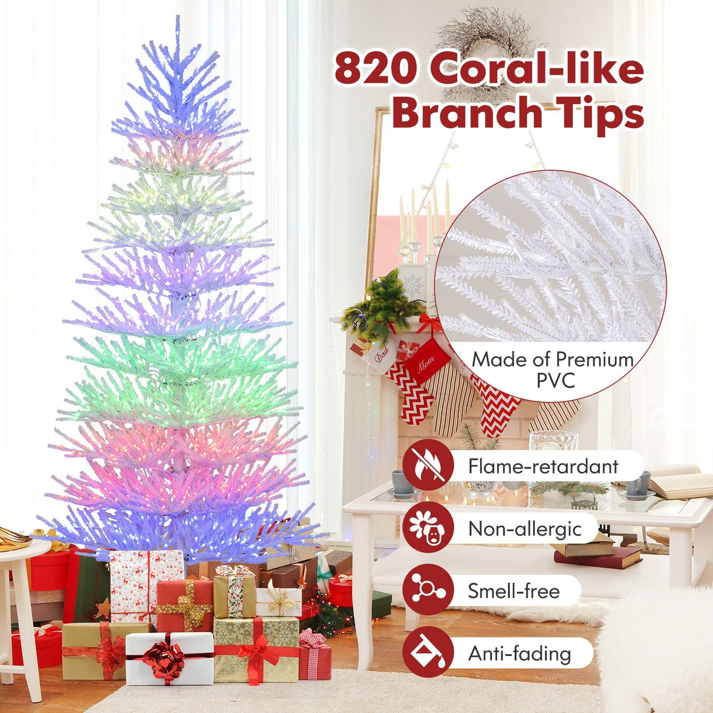 Árbol de Navidad Artificial Preiluminado de 2,1 m, Árbol de Navidad Articulado con 820 Puntas de Rama Tipo Coral