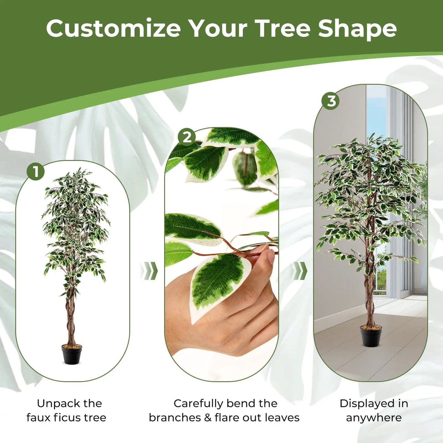 Tall artificial ficus tree with 1008 variegated leaves in a nursery pot on Tampa Home & Garden Store