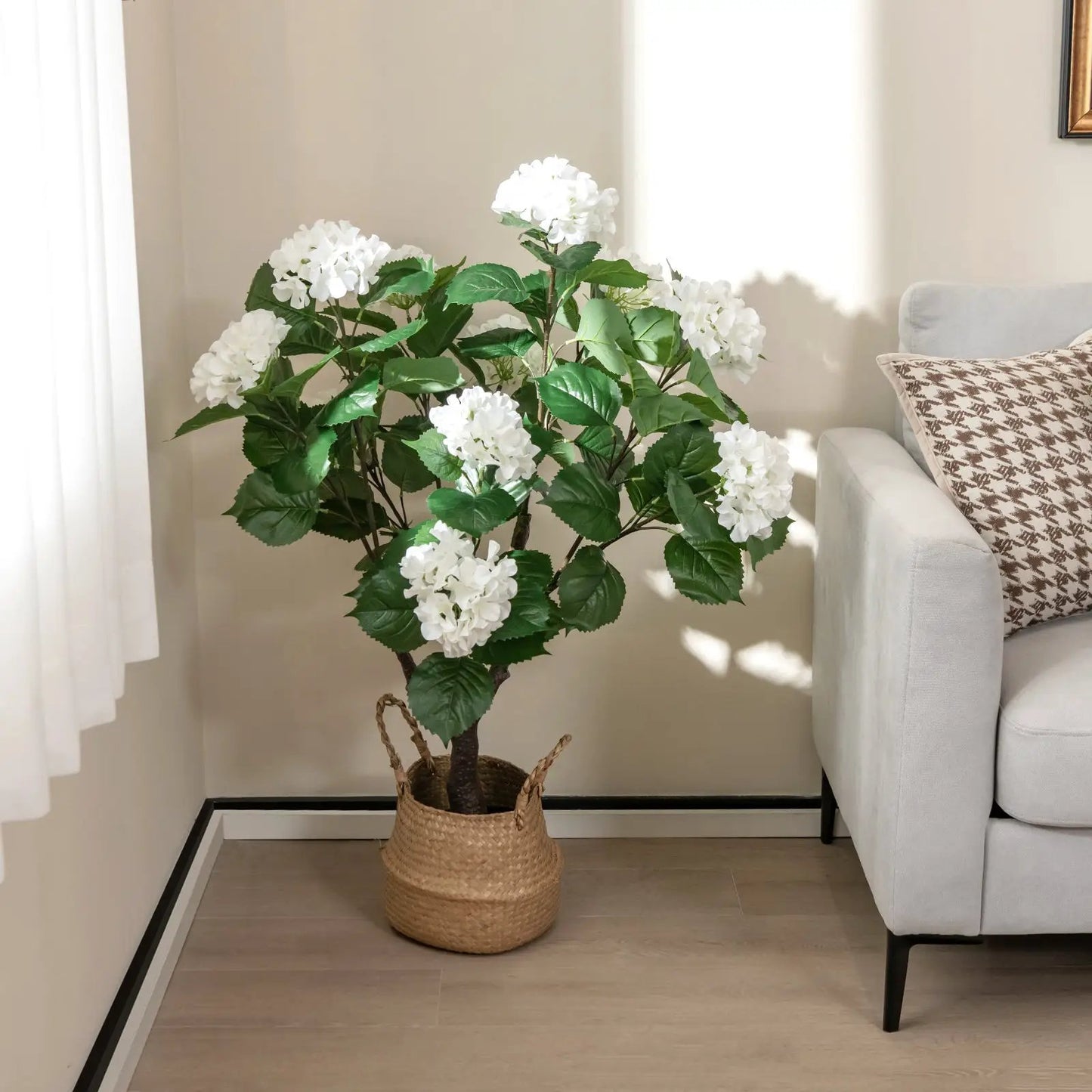 Artificial Hydrangea Tree with White Silk Flowers in a woven basket DirectDeals on Tampa Home & Garden Store