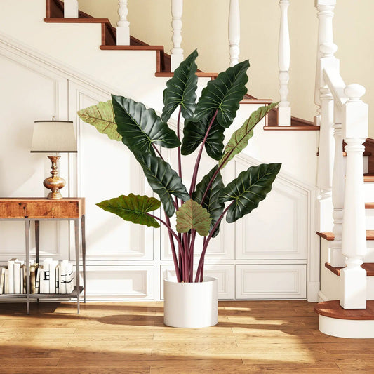 Artificial Rainbow Taro Tree, 63-inch tall, burgundy stems and large green leaves in white pot on Tampa Home & Garden Store