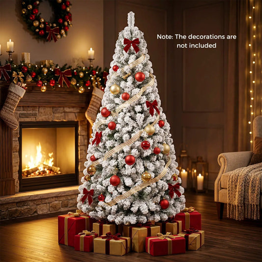 Snow-Flocked Christmas Tree 6 ft with metal stand, red and gold ornaments by DirectDeals on Tampa Home & Garden Store