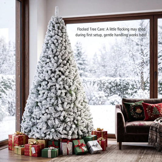 Snow-Flocked Christmas Tree, 9 ft artificial DirectDeals tree with metal stand in living room on Tampa Home & Garden Store