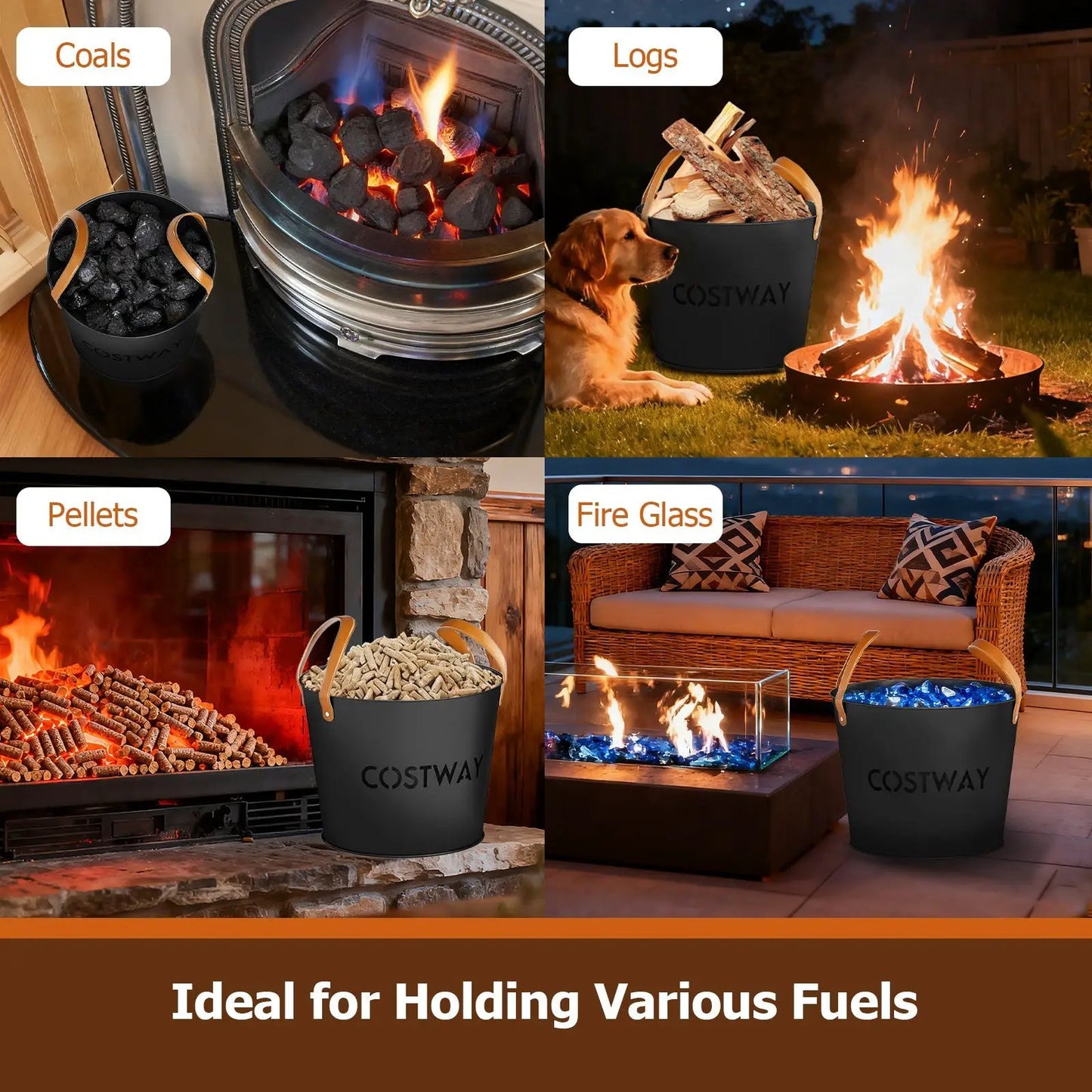 Ash bucket set of 2 metal ash cans with tan leather handles for fire pits COSTWAY on Tampa Home & Garden Store