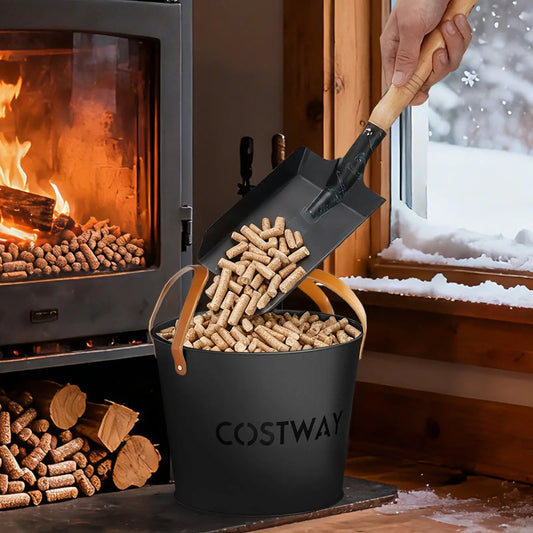 Set of 2 metal ash cans, matte black with tan leather handles, COSTWAY, wooden scoop on Tampa Home & Garden Store