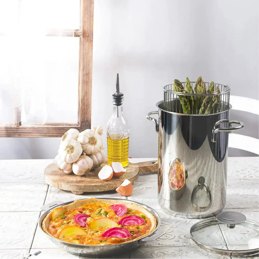 Asparagus steamer pot stainless steel with glass lid by Cristel USA, asparagus in steamer basket on Tampa Home & Garden Store