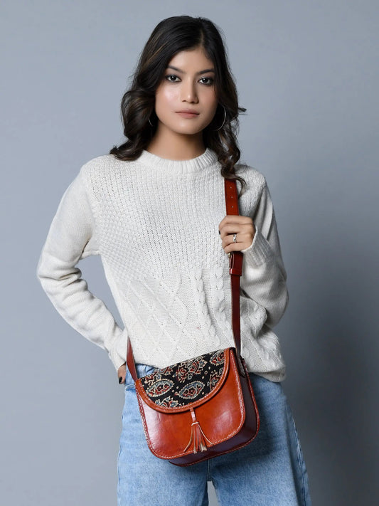 Astounding Ajrakh Ethnic Satchel leather handbag with brown trim and Ajrakh-printed flap on Tampa Home & Garden Store