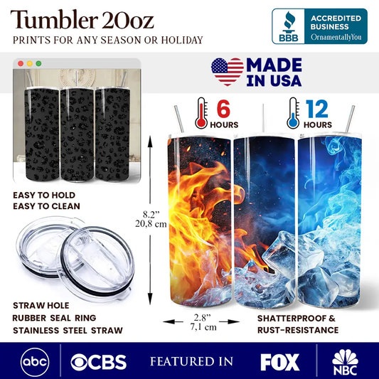 20oz tumbler set in black glitter leopard by OrnamentallyYou, 3-piece with clear lids on Tampa Home & Garden Store