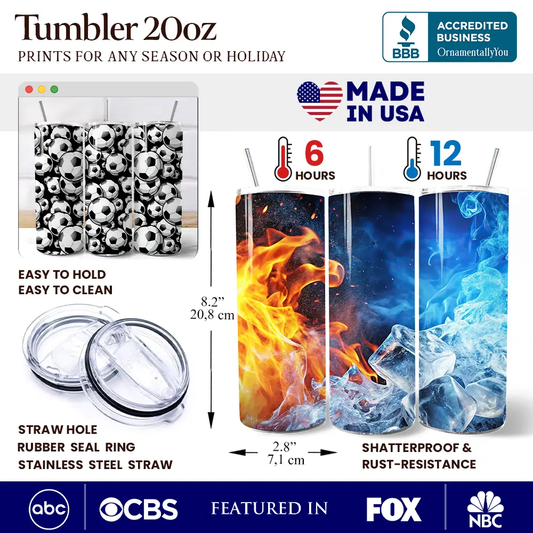 Tumbler 20oz set in black and white soccer ball pattern, 3 insulated tumblers OrnamentallyYou on Tampa Home & Garden Store